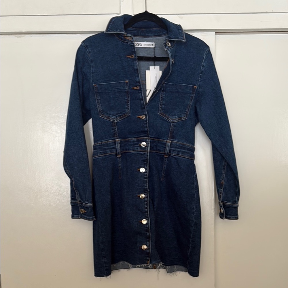 ZARA, Blue Long Sleeve Notched Collar Denim Dress